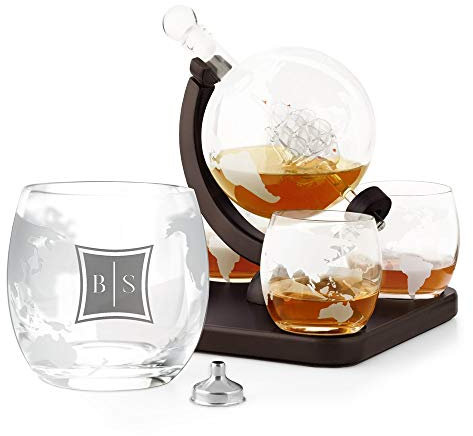 Maverton Decanter per Whisky in vetro - incisione personalizzata - Caraffa a forma di mappamondo da 850 ml + 4 Set bicchieri whisky - idea regalo per la coppia - eleganza