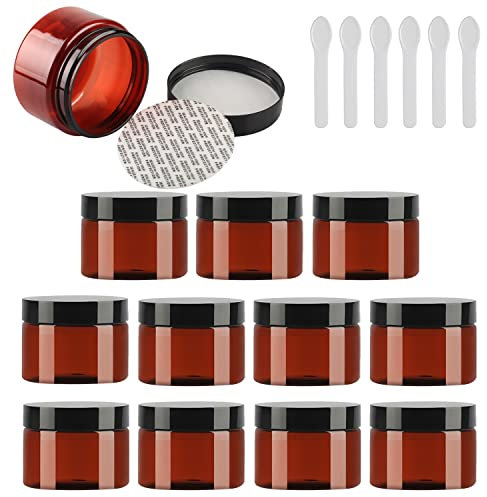 TIANZD 12 Pièces Vides Petit 150 ml Marron Cosmétique Pot en Plastique avec Couvercle Noir 150 g Pots de Cosmétique Crème de Bouteille Contenant avec 6x Spatules