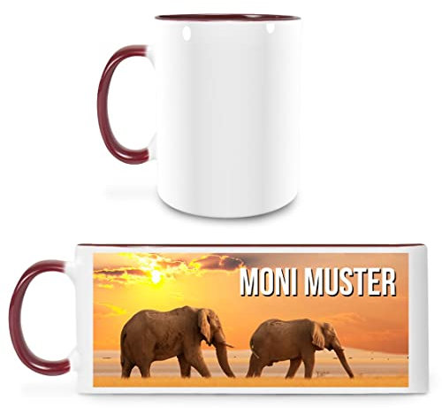 Manutextur Tasse mit Namen - personalisiert - Motiv Elefant - viele Farben & Motive - weiß/Marone - persönliches Geschenk mit Wunsch-Motiv und Wunsch-Name