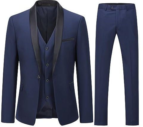 YOUTHUP Abito Uomo Slim Fit 3 Pezzi Abiti da Sposa Elegante Cerimonia Shawl Lapel Smoking Blazer Pantaloni Panciotto, Blu Navy, XXL
