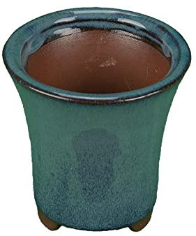 Maceta de bonsái redonda de gres (estilo cascada) vidriada azul-verde oscuro 7x7x8 cm - XC009