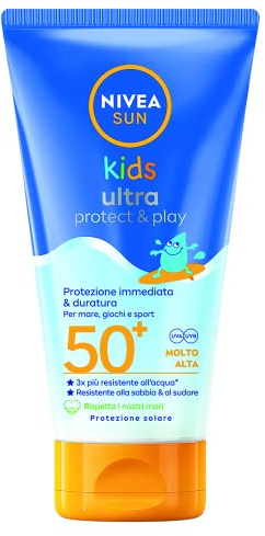 NIVEA SUN Sonnenmilch Kids Ultra Protect & Play LSF 50+ 150 ml, extrem wasserfester Sonnenschutz für Kinder ab 3 Jahren