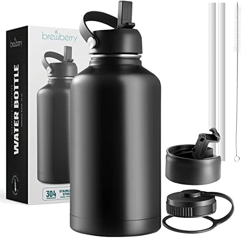 Brewberry Isolierte Edelstahl-Wasserflasche und Reisebecher für heiße und kalte Getränke, breite Öffnung, doppelwandig, isolierte Trinkflasche, Sport-Trinkflasche zum Wandern, Radfahren, Outdoor, 1,8