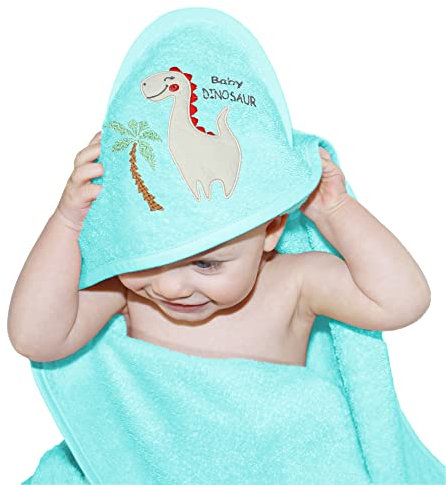 Lashuma Kinder Strandtuch für Jungen blau, Baby Handtuch 75x75 cm mit Stick: Dinosaurier, Badetuch mit Kapuze