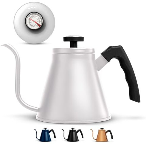 Kook Stovetop Gooseneck Kettle with Thermometer, for Pour Over Coffee & Tea, Temperature Gauge, Electric, Gas and Induction Safe, 3 Ply Stainless Steel Base, 27 oz (White)