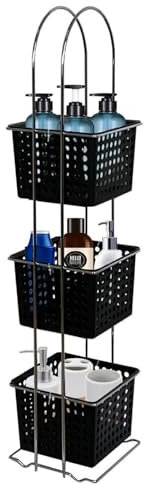 HOMION 3 Tier Free Standing Bathroom Shower Caddy Double Wire Plastic Basket Organiser Square baskets - Black Baskets
