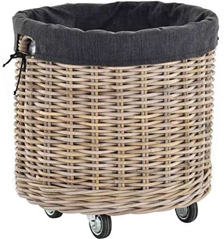 Großer Rollkorb mit Griffen/Holzkorb mit Rollen aus grauem Natur Rattan/Aufbewahrung Holz-Wagen Räder Kaminholz-Korb Kamin Allzweck-Korb mit Inlett (Rund Klein)