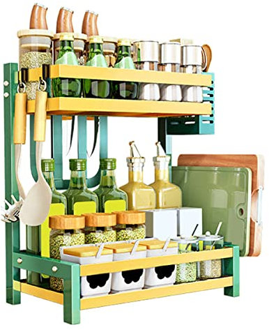 Redwestmelon Kitchen Storage Shelf Spice Rack 2 Tier - Carbon Steel Seasoning Holder Freestanding Countertop Organiser Shelf - Chopping Board Rack Chopstick Holder Knife Holder 3 Hooks