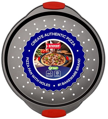 Bakken Bandeja para pizza de acero al carbono con agujeros y revestimiento antiadherente, libre de PFOA PFOS y PTFE