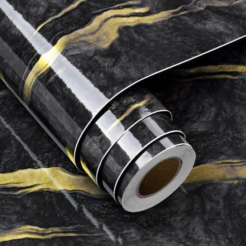 FunStick 60CM×5M Black and Gold Marble Wallpaper Self Adhesive for Walls Living Room Cupboards Black and Gold Sticky Kitchen Wallpaper Peel and Stick Vinyl Wrap for Bedroom Furniture Black Gold Marble