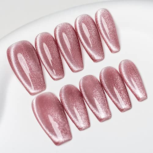Sun&Beam Nails Handmade Press-on Medium Long Coffin Ballerina Pink Magnet Solid Color glossy Design Fashion False Nail Tips 10 Pcs Set (#089 M)