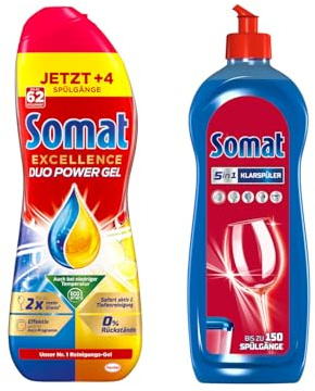 Somat Excellence Duo Power Gel Zitrone, Limette 58 WL & Somat Klarspüler, Extra-Trocken Effekt, Extra-Glanz | 750 ml (1er Pack)