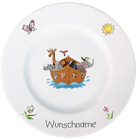 Doriantrade Frühstücksteller Kinderteller Teller Porzellan personalisierbar mit Wunschname Name Kindergeschirr mit Namen personalisiert (Arche Noah)