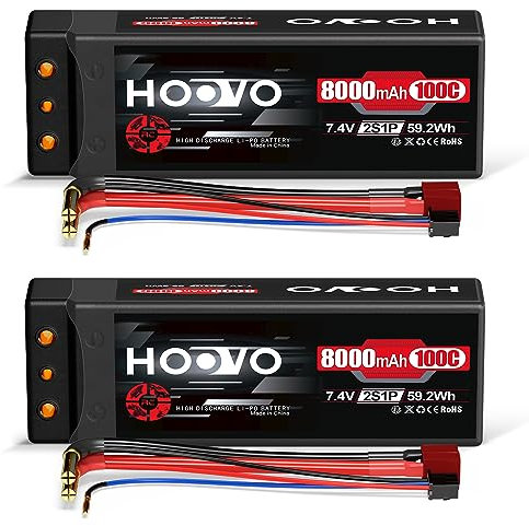 HOOVO 2S Lipo Battery 8000mAh 7.4V 100C RC Battery Hardcase Lipo Batteries with 4.0mm Banana to Deans Plug for RC Evader BX Auto Car Truck Truck Truggy RC Hobby (2 Pack)
