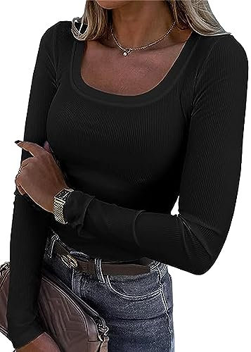 TrendiMax Damen Langarmshirt Rundhals Stretch Pullover Langarm Oberteile Hemd Tshirts Casual Basic Tops, Schwarz, L