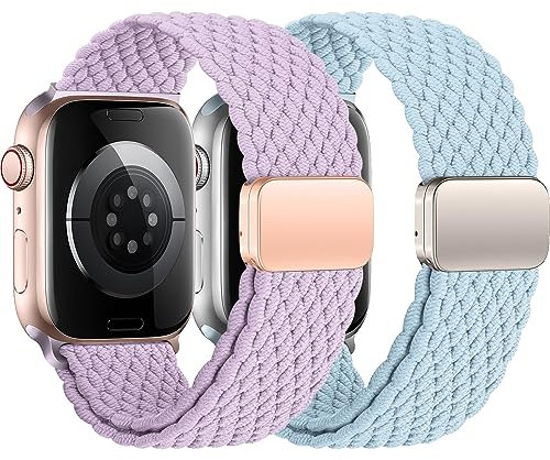 2ST Geflochtens Solo Loop für Apple Watch Armband 40mm 41mm 38mm 45mm 44mm 42mm 46mm Ultra/2 49mm Herren/Damen,Magnet Dehnbarer Nylon Band für die iWatch Armbänder series 10 9 8 7 6 5 4 3 2 se 2nd