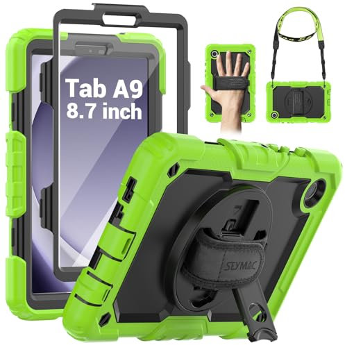 SEYMAC Funda para Samsung Galaxy Tab A9 8,7 2023 con Protector de Pantalla, Soporte para S Pen, Funda Robusta con Correa de Mano Giratoria de 360 Grados y Correa para el Hombro para Tab A9, Verde