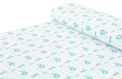 Baumwoll - Jersey Stoff maritim Leuchtturm weiß blau - Meterware ab 25 cm x 150 cm - Stoff zum Nähen