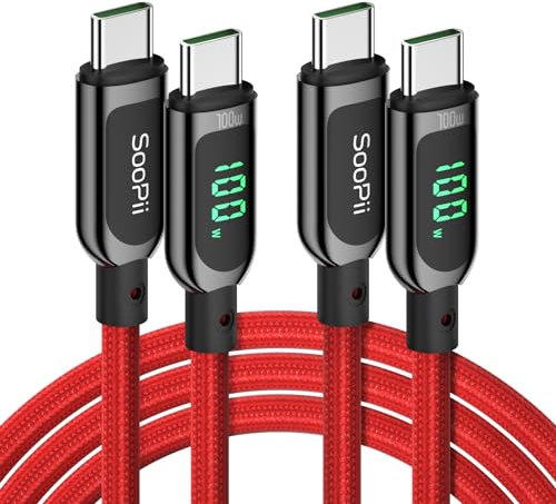 SooPii 100W USB-C-auf-USB-C-Kabel, (2m, 2 Stück) 2Schnellladekabel mit LED-Anzeige, PD 5A Typ-C-Ladekabel für lPhone 15/Pro/Plus/Pro Max, lPad Air, MacBook, Galaxy S23/S22, Pixel, LG (Rot)