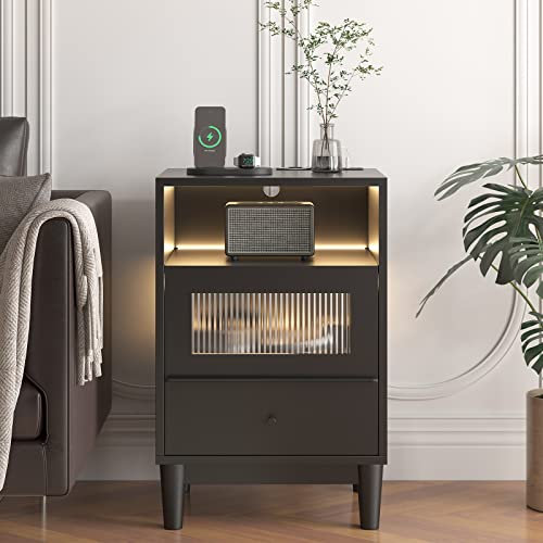 cointwo Modern Black Bedside Table with Charging Station, Glass Drawers, and LED Lights - Stylish Wood Nightstand for Bedroom - 40×35×60CM