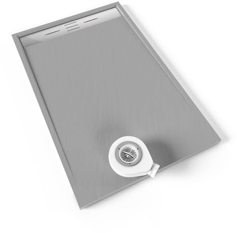 Moments of Glass SMC Duschwanne HIEMAL 90x140 cm Grau RAL7030, extra flache robuste Duschtasse aus langlebigem SMC mit ANTI-Rutsch-Oberfläche in Schieferoptik inkl. Ablaufgarnitur mit Edelstahl Deckel