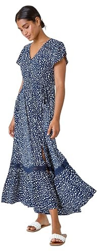 Roman Shirred Empire Waist Dress for Women UK Ladies Midi Maxi Summer Spring Tiered Frill Hem Short Sleeve V Neck Button Through Boho Bohemian Holiday Cruise - Navy Blue White - Size 10