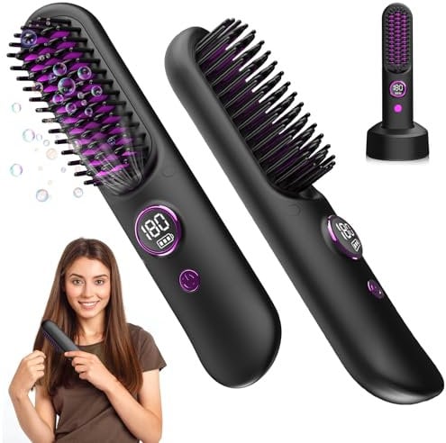 Geegear Kabellose Glättbürste, Tragbare Glättungsbürste Ionen Haarglätter 120-200℃ Schnelles Aufheizen Wiederaufladbare Haarglätter Bürste mit Ladestation für Haarstyling (Schwarz)