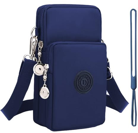 IJHYGD Pochette Telephone Portable Sacoche Femme Petit Sac Bandouliere Femme Avec Accès Aux Ecouteurs Petit Portefeuille Porte-Passeport Bandoulière Réglable (Bleu Foncé Avec Cordon)