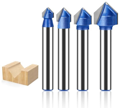4Pcs 90 Degree V Groove Router Bit Set, 6mm Shank Carbide-Tipped Single Flute Engraving Bits Woodworking Chamfer Bevel Cutter Tool for Router Engraving Machine