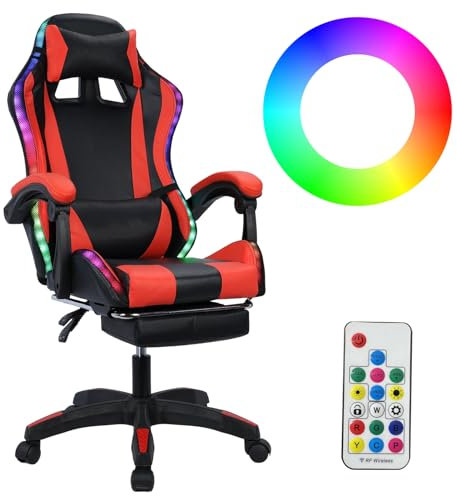 yoakaiax Gaming Chair,Computer Chair with Footrest and Lumbar Support[Bluetooth-compatible Speakers and RGB LED Lights] Height Adjustable Ergonomic Massage Computer Video Gaming Chair Black & Red