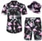 Angenster Chemise hawaïenne funky pour homme - Chemise hawaïenne à manches courtes pour homme - Avec short et bonnet - Pour la plage, les vacances à la plage, les loisirs, noir/rose, XL
