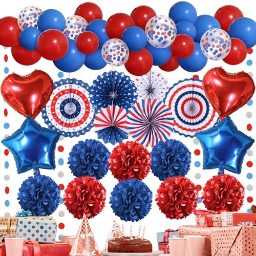 Recosis Red Blue Party Decorations, Paper Pompom Balloon Garland Navy Blue Red Party Supplies for USA 4th of July Patriotic Decorations Birthday Independence Day Wedding Decorations