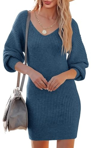 Saodimallsu Strickkleid Damen V-Ausschnitt Pulloverkleid Langarm Pullover Elegant Minikleid Sweater Freizeitkleider Tunika Pullikleid Strickpullover Kleid für Herbst Winter