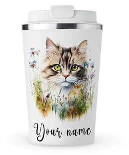 MAXIKIWI - Taza de acero inoxidable aislada personalizada de doble pared, a prueba de fugas, vaso de viaje para café o té con tapa, mantiene las bebidas calientes y frías, acuarela de gato, 350 ml
