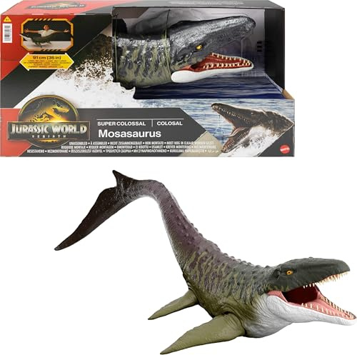 Mattel Jurassic World Rebirth Riesendino Mosasaurus-Actionfigur, Dinosaurierspielzeug mit 2 Angriffsbewegungen, filmgetreues und bewegliches Design, JGB51