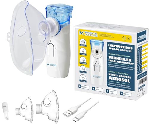 Medicinadellavoro.com - Nebulisateur Portable Silencieux Bebe et Adulte, Inhalateur Rhume Vapeur avec USB-C, Batterie Rechargeable et 2 Masques, Aerosol Medical Adultes Enfants Asthme et Bronchite