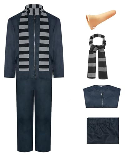 kejoyoucos Gru Kostüm mit Künstlicher Nase Schwarz Grau Gestreifter Schal Zubehör Halloween Karneval Cosplay Set Outfit für Erwachsene Männer (L)