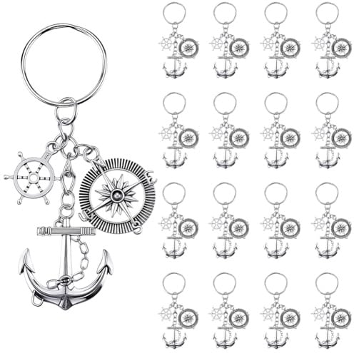 SUNNYCLUE 1 boîte de 20 porte Clés Nautiques en Vrac Porte Clés D'Ancre en Vrac Porte Clés de Roue de Navire à Thème Océanique en Alliage D'Argent Antique pour Cadeaux de Fête Cadeaux de Mariage Décor