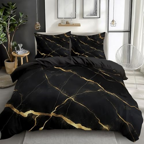 Small Double Size Duvet Cover Marble Black Gold Bedding Set with 2 Pillowcases Soft Non Iron Microfiber Bed Cover Luxurious Hypoallergenic Duvet Cover Set
