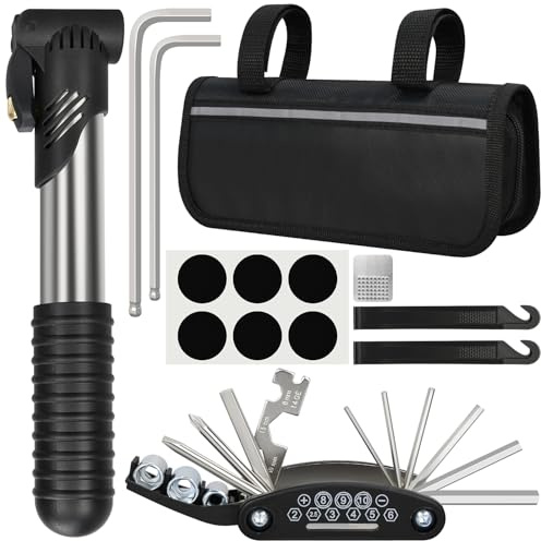 Bike Repair Kit, Bicycle Repair Bag With Tire Pump, Bike Tool Kit for Camping Travel, 16-in-1 Bike Multitool, Bicycle Tire Repair Kit, 4mm and 5mm Allen Wrenches, Used for Mountain Bike and Road Bike