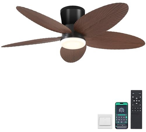 Surtime Tropischer Deckenventilator mit Licht, 106,7 cm, Fernbedienung und App, flache Deckenventilatoren für Schlafzimmer, Innen- und Außenbereich