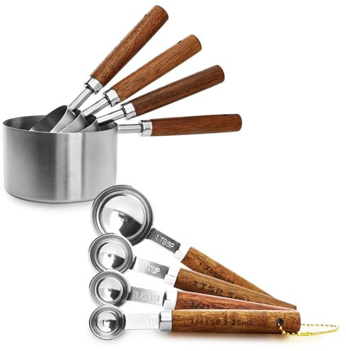 Measuring Cups and Spoons Set of 10 - Acacia Wood Handle Stainless Steel Measuring Spoons Set for Cooking Baking - Silver Stackable Measuring Cups