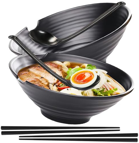 PRITOK Juego de 2 cuencos de ramen con palillos y cucharas, 1000 ml, juego de vajilla japonesa, ramen para sopa, cuenco Pho Bowl y Sushi, apto para lavavajillas