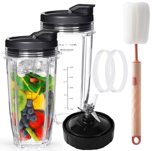 ARTOMIDE Ninja Blender Cups Replacement, 24oz with To-Go Lids & 7 Fins Extractor Blade, Compatible with Nutri Ninja Auto iQ Blenders