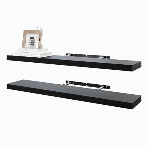 BAMEOS Black Floating Shelves - 100cm - Wall Mounted Wooden Shelves with Invisible Brackets, Set of 2, Decorative Hanging Shelves for Bedroom, Bathroom, Living Room, Kitchen