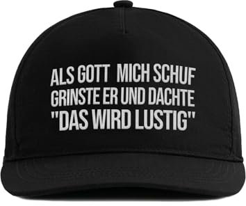 tshirtladen Snapback Schwarz - Spruch Cap für Männer: Als Gott Mich Schuf grinste er - Lustige Geschenkidee - Herren Basecap - witzig Bestickt - Statement Kappe mit Humor - Streetwear Style