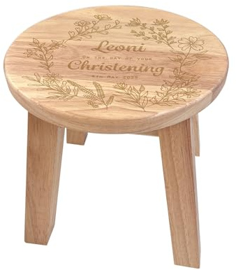 Taufhocker aus Holz, personalisierbar – gravierter Name und Datum des Kindes, Blumenmuster, Massivholz, Kleinkindsitz, Kinderzimmer-Dekoration, Geschenk für Baby Mädchen oder Jungen, 39 cm x 19 cm x