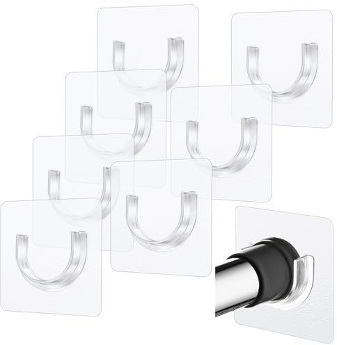 Shower Curtain Rod 8 PCS No Drill Retainer Brackets Tension Holders Adhesive Holder Closet Hooks Rods For Bathroom Wardrobe Curved Clips Wall Strip Plastic Self Stick On Peel and Support Mount Sticker