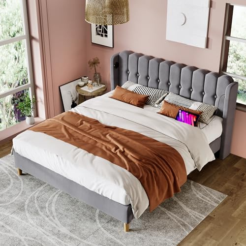BTM Upholstered Double Bed with USB and Type-C Charging, 4ft6-135x190cm Double Bed Frame with Wooden Slatted Frame for Teenagers and Adults, Grey Linen(No Mattress)