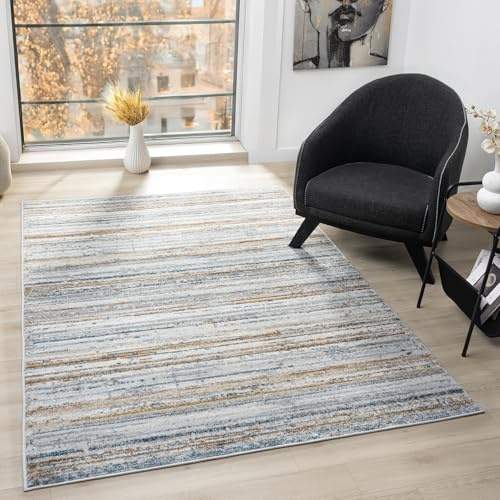 VIMODA Teppich Wohnzimmer Vintage Look Beige, Bunter Farbmix Teppich Kurzflor Boho Used Look Motiv, Farbe:Streifen-1, Maße:200x290 cm